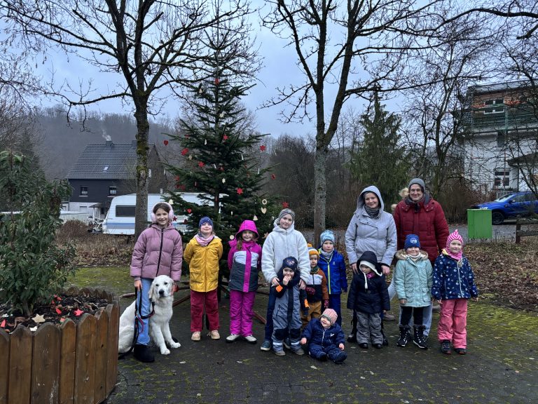 Weihnachtsbaum auf dem Dorfplatz geschmückt