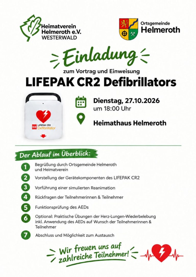 Einladung zum Vortrag & zur Einweisung: Neuer LIFEPAK CR2 Defibrillator in Helmeroth  